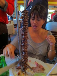 Confronting a skewer of fried chicken hearts