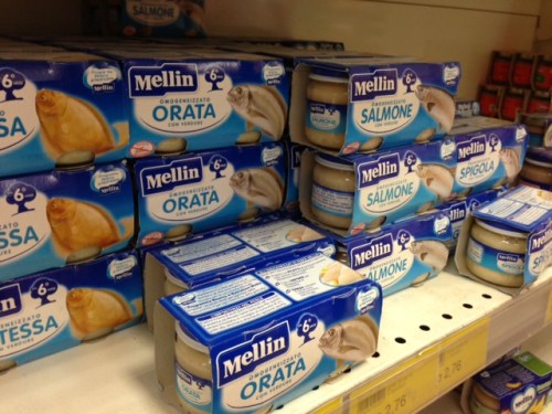 Fish baby food on the supermarket shelf
