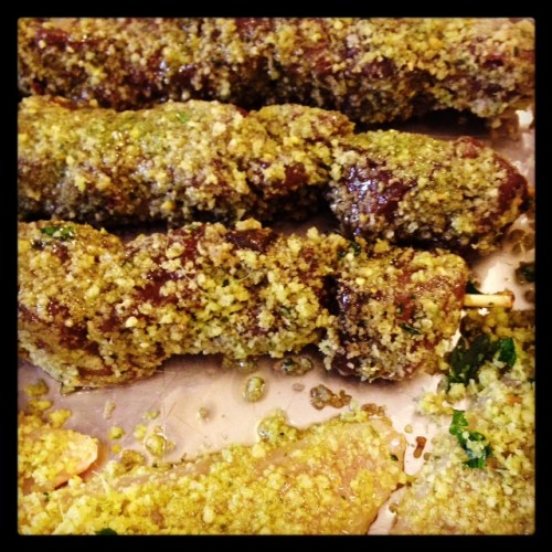 Tuna skewers and white mullet dusted with pistachio, garnish of the gods