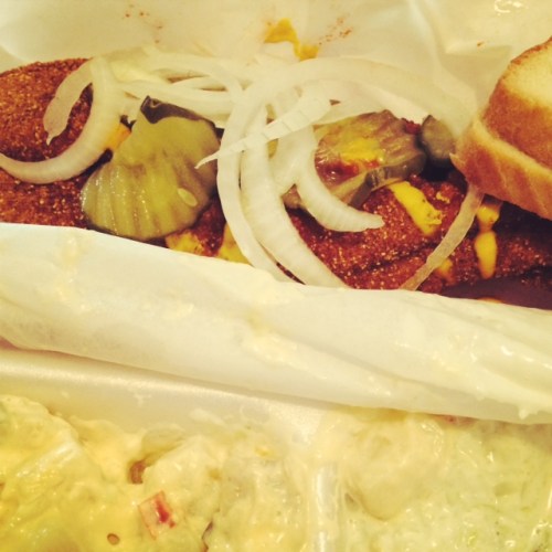 Hot catfish with potato salad and cole slaw