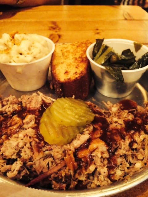 Pulled pork platter with mac and cheese and greens