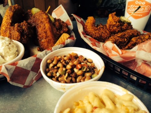 Hot chicken with mac and cheese and black-eyed pea salad