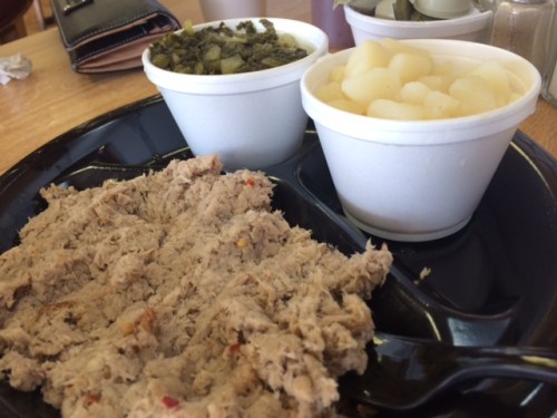 Bar-B-Q with turnip greens and granny potatoes