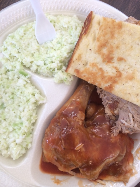 Barbecued chicken and "pork BBQ" with slaw and cornbread 