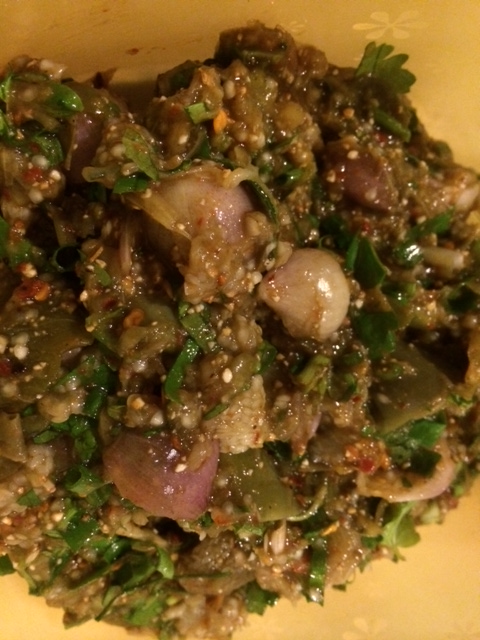 Thai eggplant mash with shallots, fermented anchovy juice and toasted rice kernels