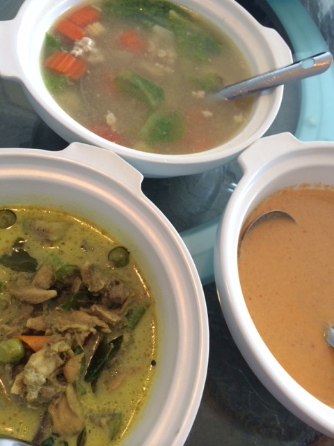A trio of favorites: green curry, shredded chicken curry and clear soup