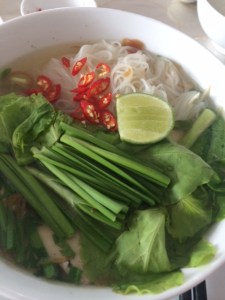 A typical bowl of pho with maybe a few more chilies than usual